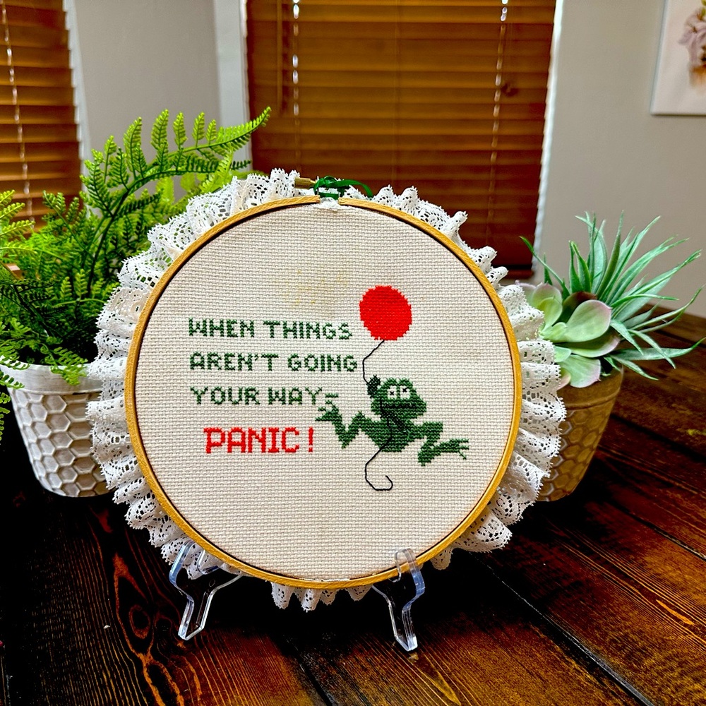 Vintage Funny Handmade Hand Stitched Panic Ironic Motivational Decor